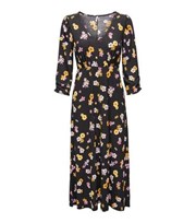 JDY Black Floral Ribbed Jersey 3/4 Sleeve Midi Dress
